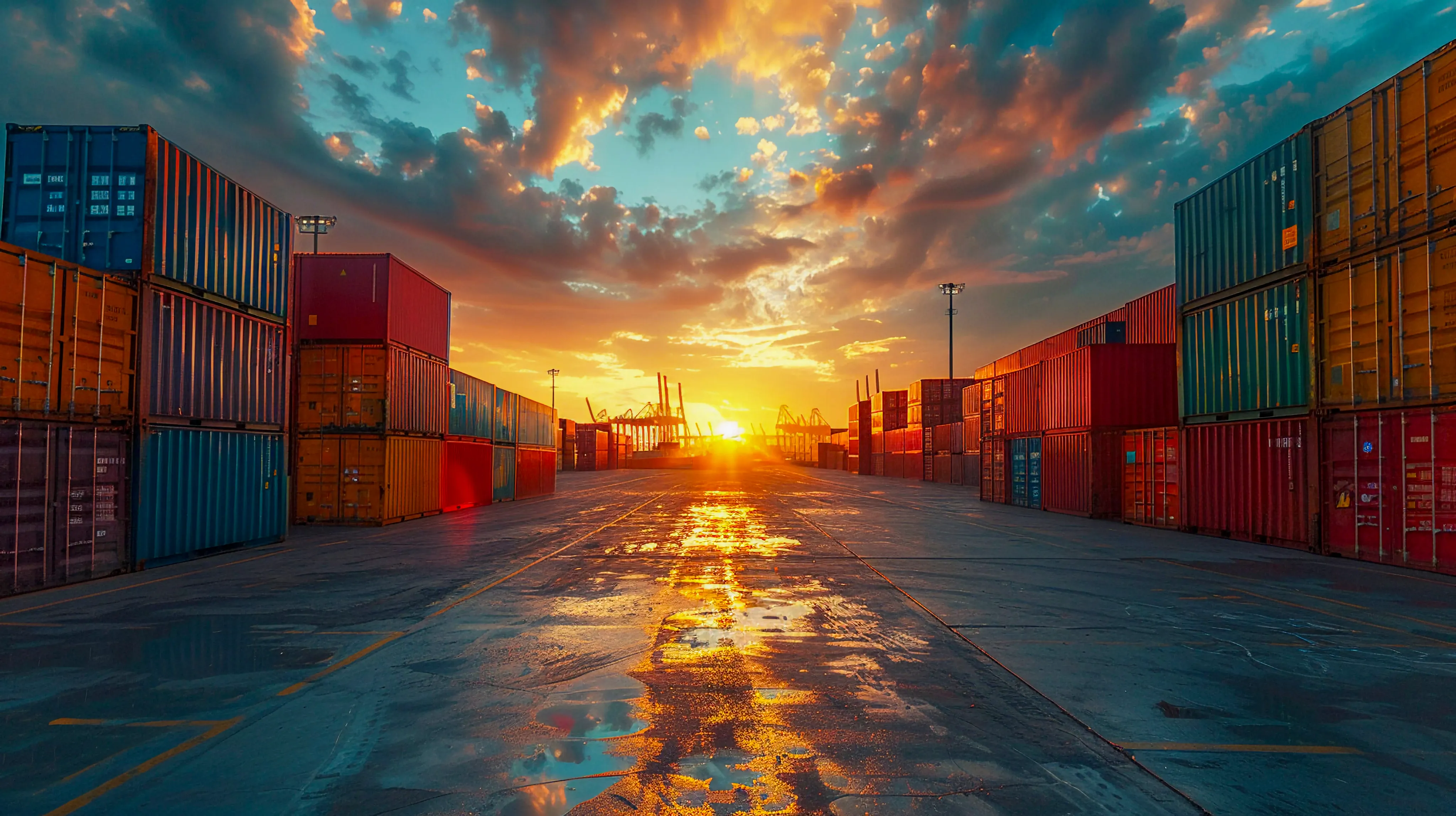 Patio de contenedores al atardecer con operación logística